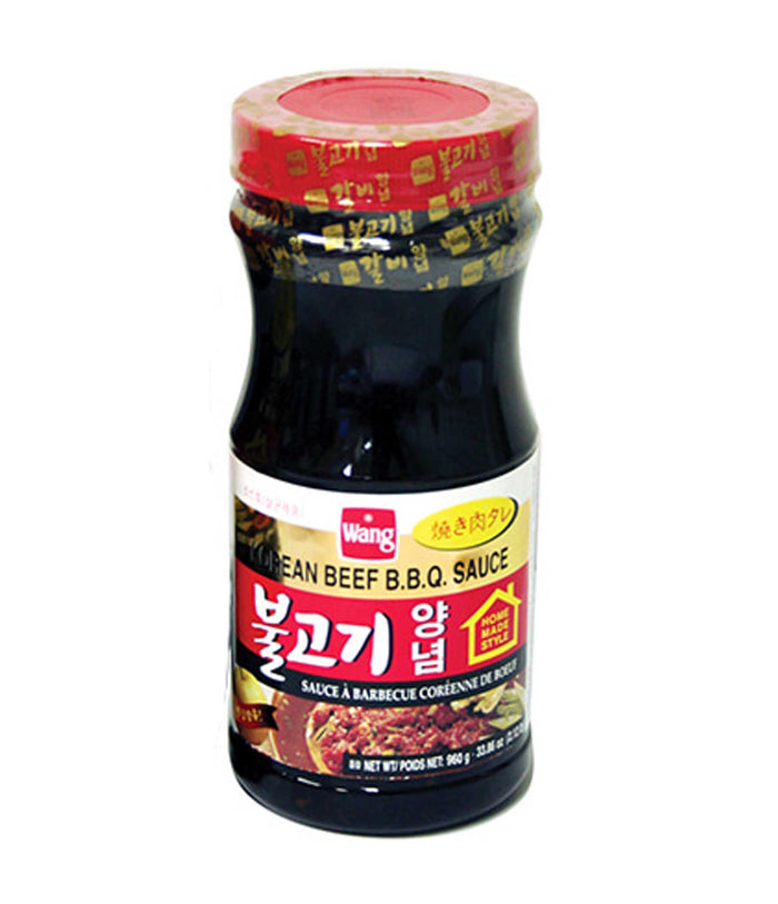 A bottle of Wang Korean B.B.Q. Sauce (Bulgogi) with a red cap on a white background.
